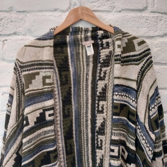 J Jill Open Sweater Cardigan XL Green Blue Southwest Aztec Fringe Wool Blend - Picture 3 of 12